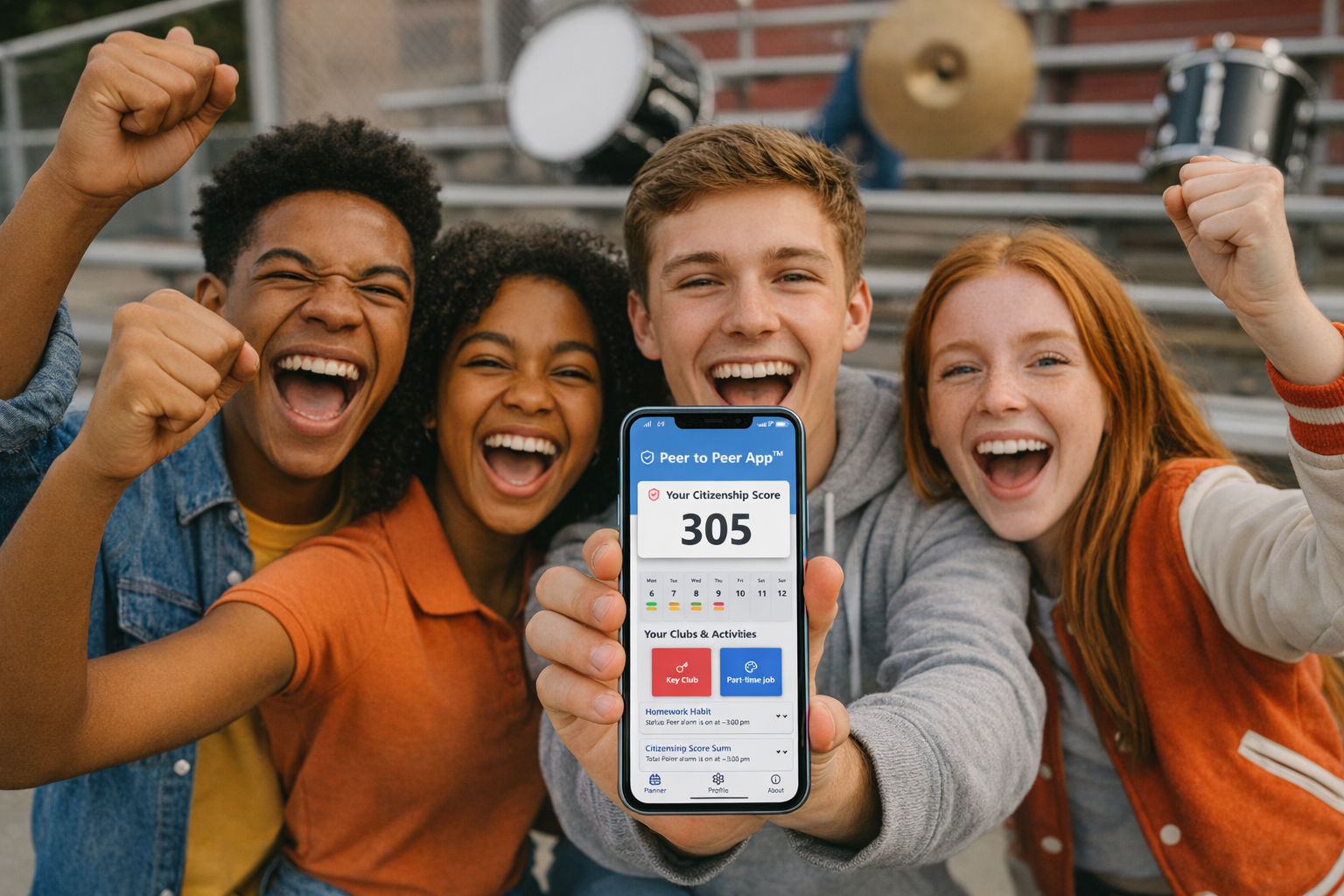 Happy students using an app